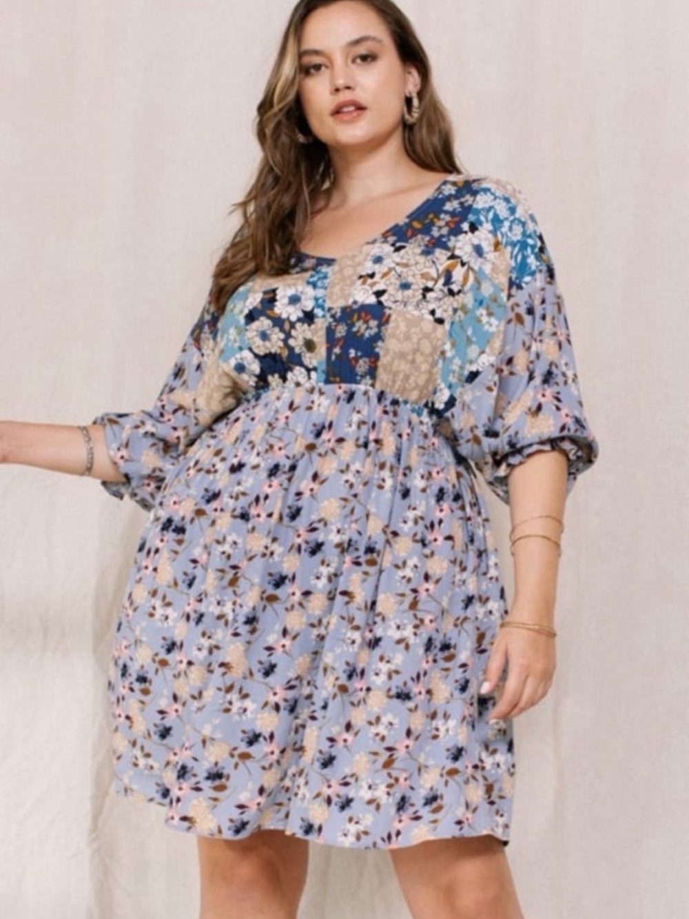 Oddi Boho V-Neck Babydoll Mini Dress Patchwork Floral Women’s Plus Size 1X